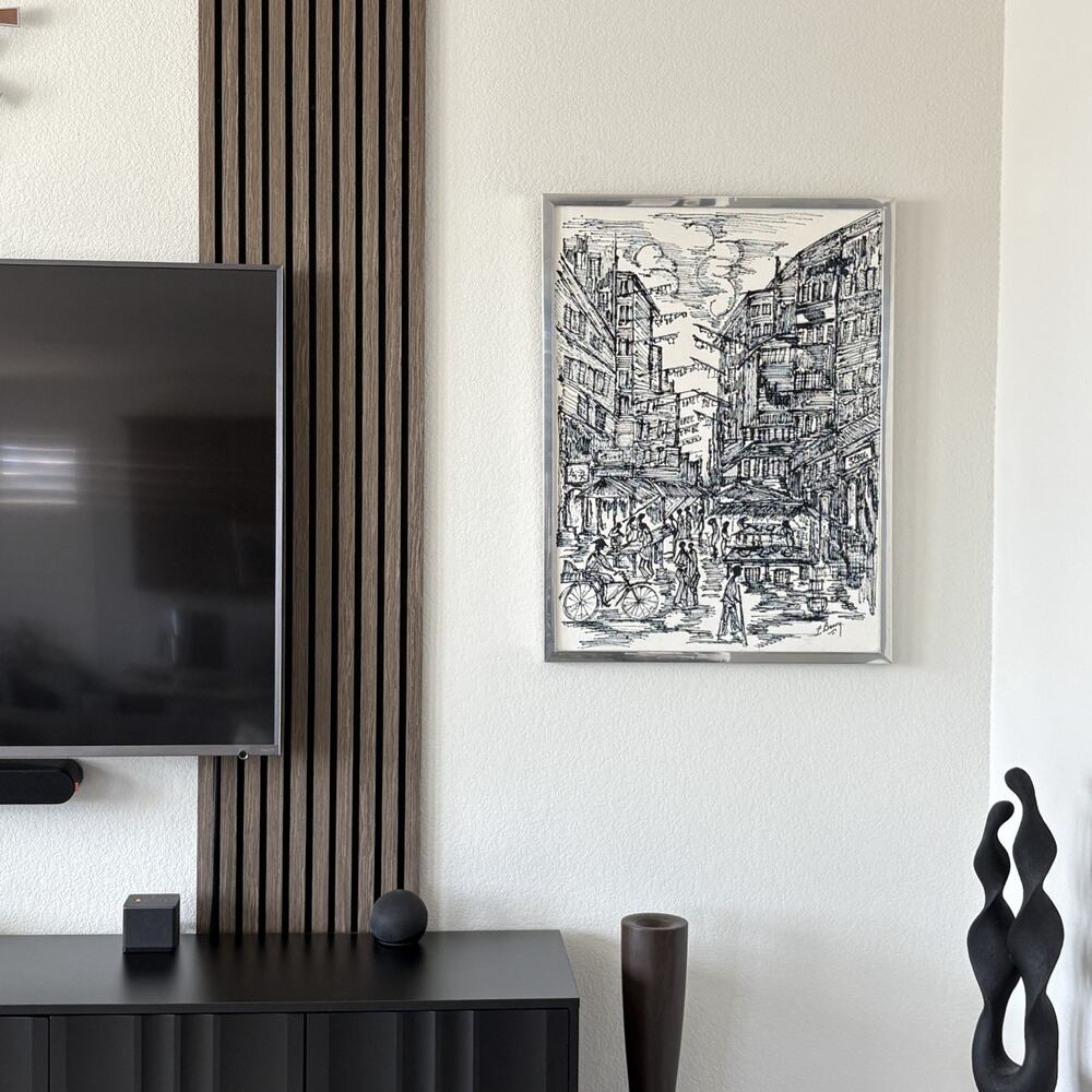 Vintage Mid Century Modern Ink on Canvas Asian Market Scene - Quaint MCM Frame
